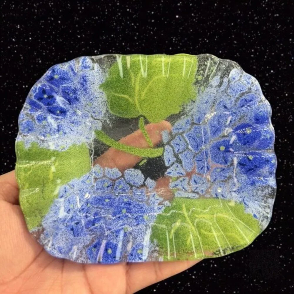 Fused Art Glass Dish Plate‎ Ruffled Edges Blue Flowers Glass Trinket Dish 6”Wide
